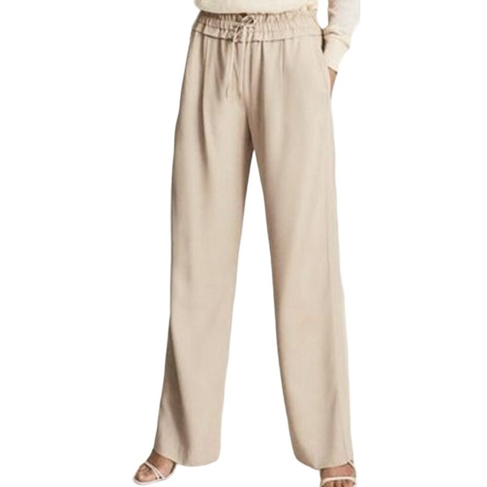 Reiss Odin Trouser Satin Crepe Pockets Wide Leg Elastic Waist Drawcord Camel 14